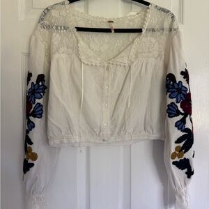 Free People Meadows Embroidered White Blouse